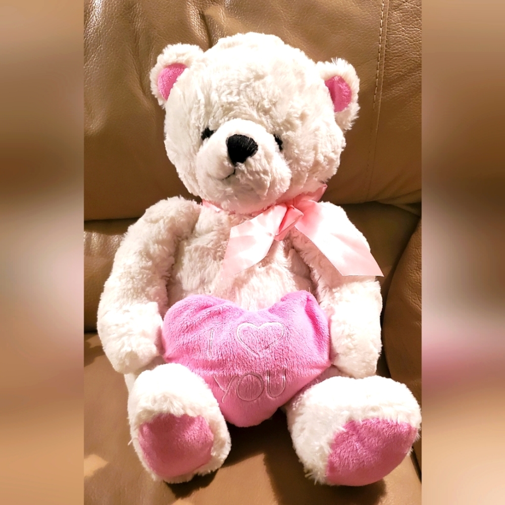 Animal Adventure White Teddy Bear Plush 2015 stuffed Toy 16in pink bow heart